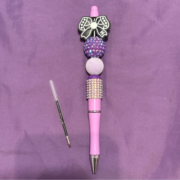 New Handmade Bling/Rhinestone Pen with Black & White Bow Design, Purple - Picture 1 of 2